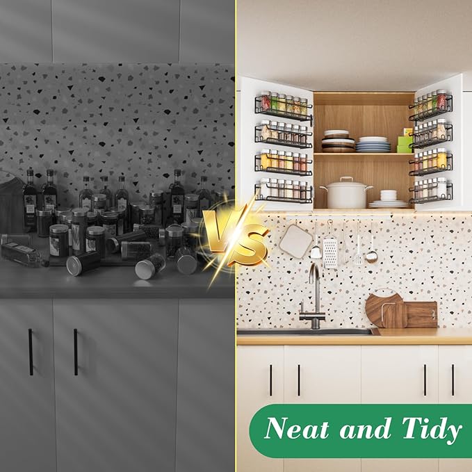 LUCYCAZ 8 Pack Wall Mounted Spice Rack with 32 Hooks, Spice Organizer for Cabinet Pantry Door,Screw or Adhesive Spice Shelf Hanging Wall Spice Rack in Kitchen and RV (Black)