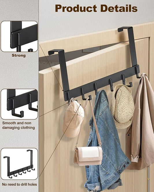 2 Pack Over The Door Hooks, Sturdy Door Hanger, Large Over The Door Towel Rack with 6 Hooks, Heavy Duty Easy to Install, for Bathroom, Bedroom，Kitchen，Hanging Towels, Coats (Black).