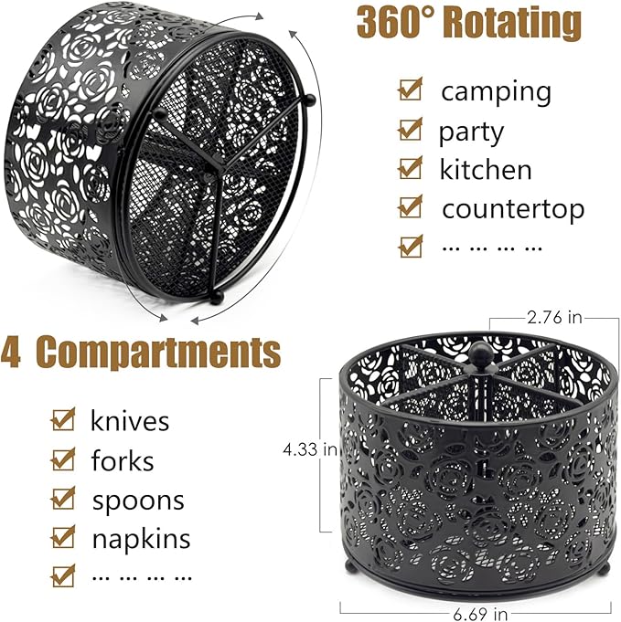 360° Rotating Metal Silverware Caddy - 4 Compartment Utensil Cutlery Holder Fork Spoon Napkin Organizer Flatware Storage Basket Party Countertop Buffet Picnic Camping Outdoor (Black)
