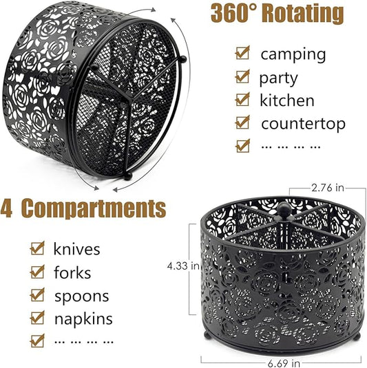 360° Rotating Metal Silverware Caddy - 4 Compartment Utensil Cutlery Holder Fork Spoon Napkin Organizer Flatware Storage Basket Party Countertop Buffet Picnic Camping Outdoor (Black)