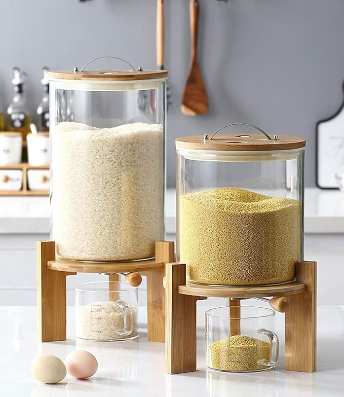 Flour and Cereal Container, 5L/8L, Rice Dispenser, Creative Glass Food Storge Container for Kitchen Organization and Pantry Store, Airtight Lid and Wooden Stand8L