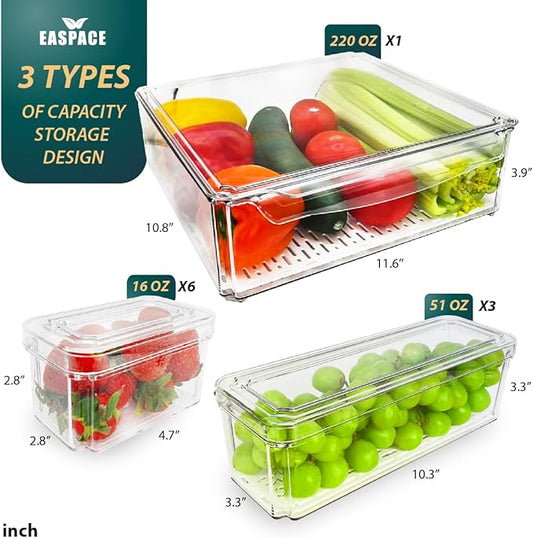 10-Pack Clear Fridge Organizer Bins with Lids & Drainage Holes, Stackable Container Set, BPA-Free Plastic Refrigerator Storage Containers for Food, Fruits, Vegetables, Meats (Multi-Purpose Storage)