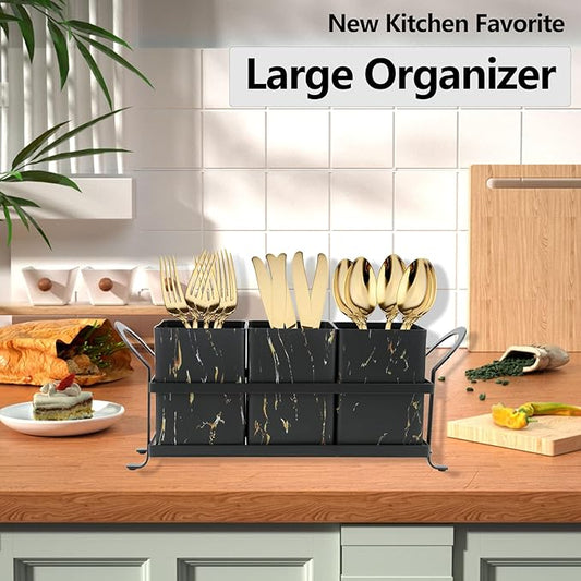 Kitchen Utensil holder for Countertop, Silverware Caddy,Golden Marble Black Flatware Holder Utensil Cutlery Organizer for Party Gatherings, Metal and Durable Design