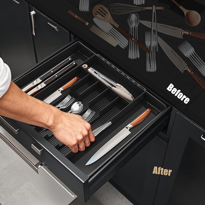 JYPS Silverware Organizer: Expandable Multipurpose Drawer Organizer for Forks, Knives and More - Black