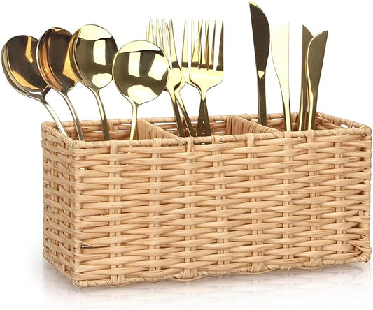 Ayiaren Wicker Flatware Silverware Caddies Cutlery Holder Best Kitchen Silverware Organizer Storage for Countertop Silverware Utensils Holder Party Spoon Knives Fork Holder Flatware Utensil Caddy