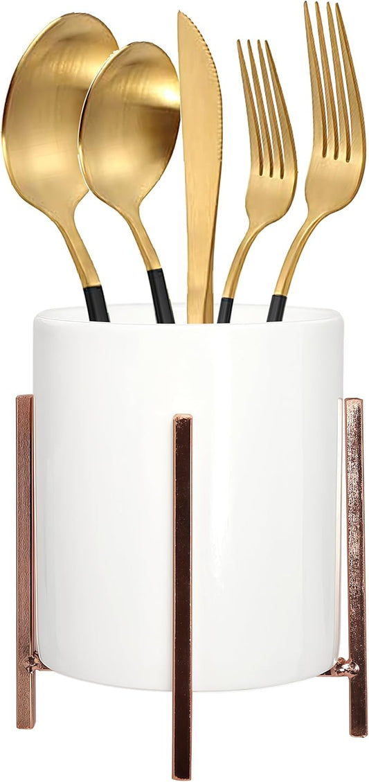 Ceramic Flatware Caddy, Silverware Caddy Cutlery Holder, Round Utensil Crock, Kitchen Utensil Holder for Countertop, Solid White Cup and Rose Metal Bracket, 1 Pcs