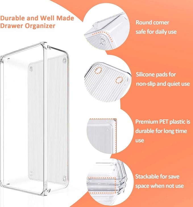 13 PCS Clear Plastic Drawer Organizer Set, GOGOODA 5 Size Large Vanity Organizer Trays with Non-Slip Pads, Multi-use Organizing Bins for Kitchen, Bedroom, Bathroom, Office, Utensils, Makeup, Jewellery