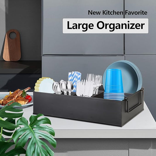 Paper Plate Dispenser Holders Utensil Caddy for Countertop,Outdoor Silverware Caddy, Picnic and Camping Utensil Holder, Flatware Organize with Handle for Party Gatherings, Metal (Black)