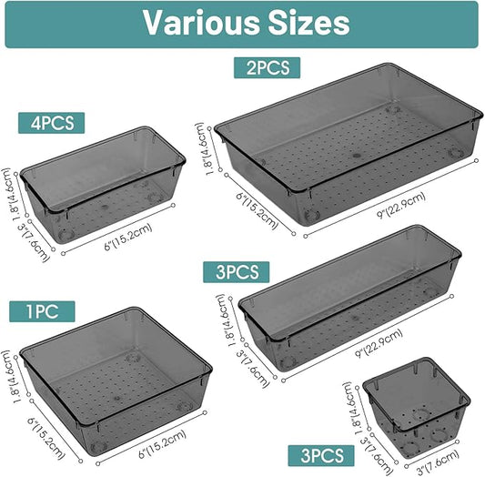 WOWBOX 13 PCS Plastic Drawer Organizer Set, Desk Drawer Divider Organizers and Storage Bins for Makeup, Jewelry, Gadgets for Kitchen, Bedroom, Bathroom, Office, Black