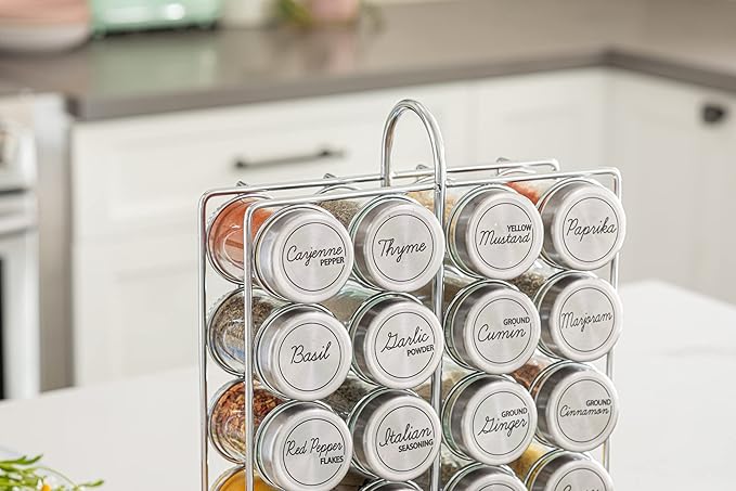 Orii 20 Jar Spice Rack Stainless Steel with Spices Included - Standing Rack Shelf Holder & Countertop Spice Rack Tower Organizer for Kitchen Spices with Spice Refills for 5 Years