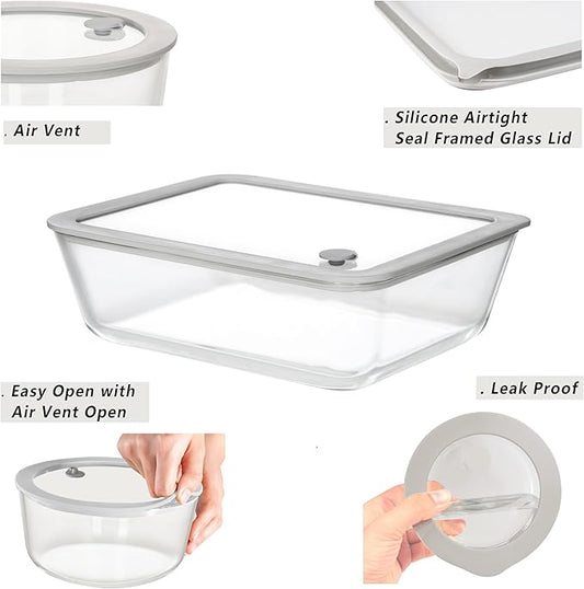 Glass Food Containers with Glass Lids, 3 Pack of Large Size, Microwave Safe Meal Prep Containers