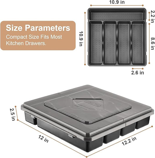Silverware Organizer with Lid, Utensil Holder for Kitchen Drawer Countertop Plastic Flatware Tray 5 Compartments
