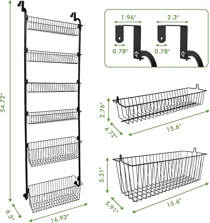 COOLFXEND Over the Door Pantry Organizer,6-Tier Pantry Door Organizers and Storage,Metal Over the Door Spice Rack for Pantry/Kitchen,Space Saving,Easy to Install,Black(4x4.72+2x5.9 Width Baskets)