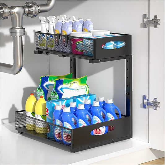 1 Pack Large Under Sink Organizer, 2 Tier Metal Pull Out Under Sink Storage with Sliding Mesh Drawers, Height Adjustable Slide Out Under Cabinet Organizer for Kitchen Bathroom, Black