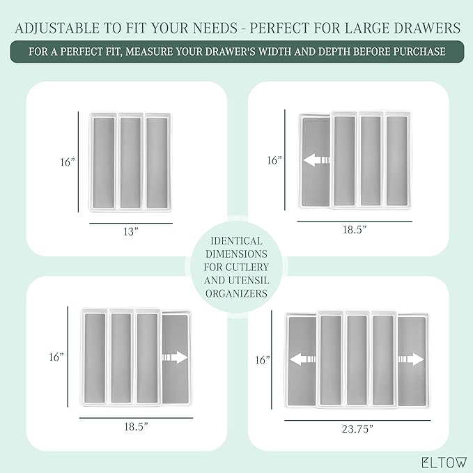 ELTOW Expandable Silverware Drawer Organizer & Utensil Tray Set, Non-Slip Kitchen Drawer Organizers and Storage, Kitchen Organization for Utensils, Cutlery, Office Supplies, Flatware Storage - White