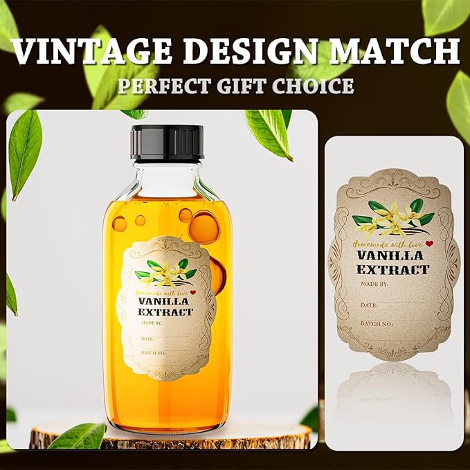 2 oz Clear Glass Bottle Boston Round Bottles with Caps Homemade Vanilla Extract Bottles and 8 Pcs Vanilla Extract Stickers for Syrup Gift Glass Food Storage Canister Set Sauce Beans (8 Packs)