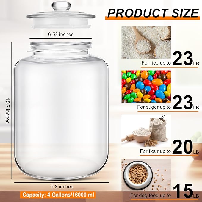 Yaomiao 4 Gallon Glass Jar with Lid Large Cookie Jar with Big Opening Airtight Food Storage Canister Canning Jars for Flour Sugar Dog Treats Pasta Candy Glass Containers with Lids for Kitchen Pantry