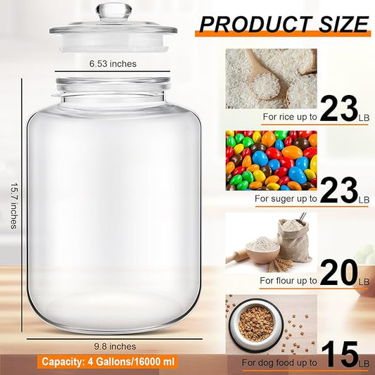 Yaomiao 4 Gallon Glass Jar with Lid Large Cookie Jar with Big Opening Airtight Food Storage Canister Canning Jars for Flour Sugar Dog Treats Pasta Candy Glass Containers with Lids for Kitchen Pantry