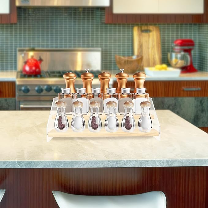 Homakover Tiered Acrylic Wood Spice Rack - 3 Tier Clear Stand Step Can Organizer for Kitchen Cabinet & Countertop Storage