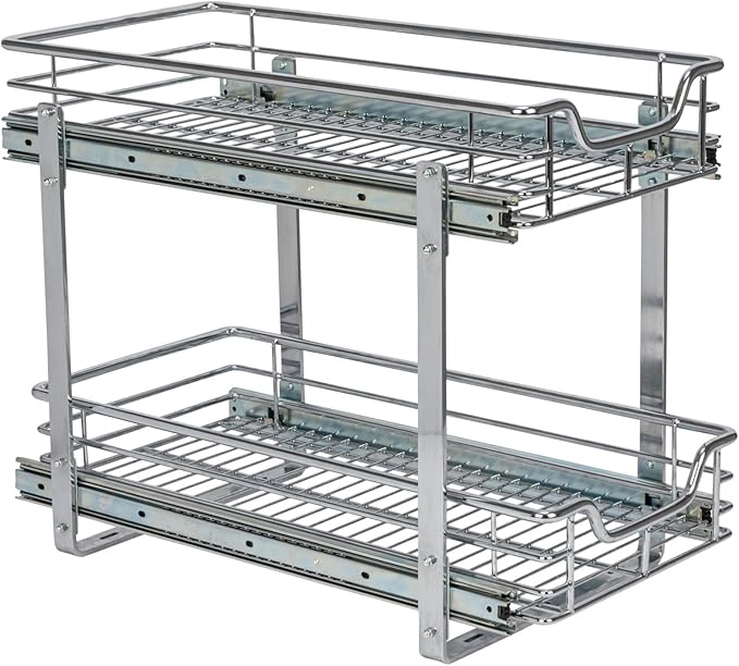 Household Essentials Glidez Slide Out Cabinet Organizer, 11.5” Wide, Durable Chrome-Plated Steel Frame,Dual Baskets & Smooth Glides,Heavy-Duty & Space-Optimizing,Simple Assembly & Installation, Chrome
