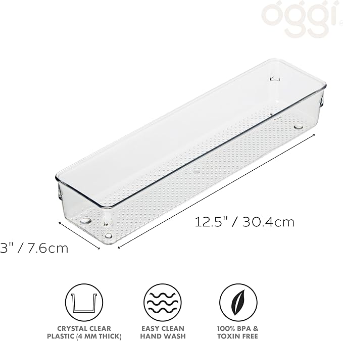 Oggi Clear Drawer Organizer - 3" X 12" - Ideal for Organizing Kitchen Drawers, Office, Desk, Silverware, Kitchen Utensils, Cosmetics and Bathrooms (Pack of 2)