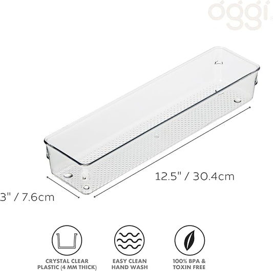 Oggi Clear Drawer Organizer - 3" X 12" - Ideal for Organizing Kitchen Drawers, Office, Desk, Silverware, Kitchen Utensils, Cosmetics and Bathrooms (Pack of 2)
