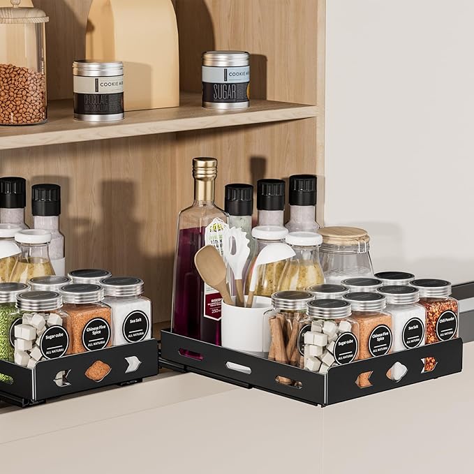 Pull Out Spice Rack Organizer for Cabinet, Heavy Duty-Slide Out Spice Rack, Vertical Spice Rack for Kitchen Cabinet and Pantry (8.4''Wx10.5''Dx2.8''H, Metal Black)