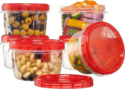 PLASTICPRO 6 Pack Twist Cap Food Storage Containers with Red Screw on Lid- 16 oz Reusable Meal Prep Containers - Freezer and Microwave Safe Red Plastic Food Storage