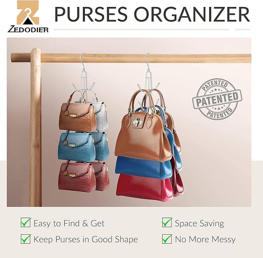 ZEDODIER Purse Hanger Organizer for Closet, 4 Pack Hanging Bag Holder, Keeping Purses Visible and in Good Condition, Metal Handbag Storage Hook Backpack Rack Space Saving Hanger, Silver