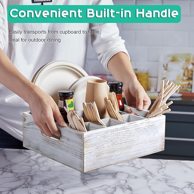 ALELION Rustic White Utensil Holder for Party - Paper Plate Organizer for Countertop - Silverware Caddy with 6 Compartments for Plate Cup Fork Spoon - Cutlery Holder for Camping Buffet