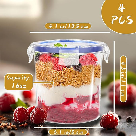 Szsrcywd 4 Pcs Overnight Oats Containers with Lids,16 oz Plastic Oatmeal Prep Container Jars,Reusable Cereal Yogurt Fruit Storage Cups for Breakfast Lunch Picnics