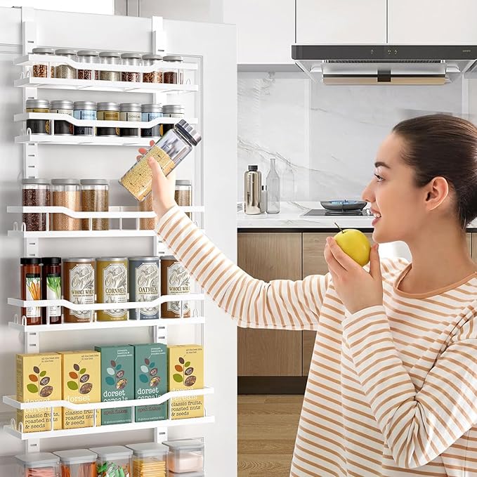 Over The Door Pantry Organizer, 6-Tier Over The Door Organizer with Adjustable Baskets, Metal Hanging Spice Rack for Pantry Organizers and Storage, Suitable for Kitchen Laundry Room & Bathroom, White