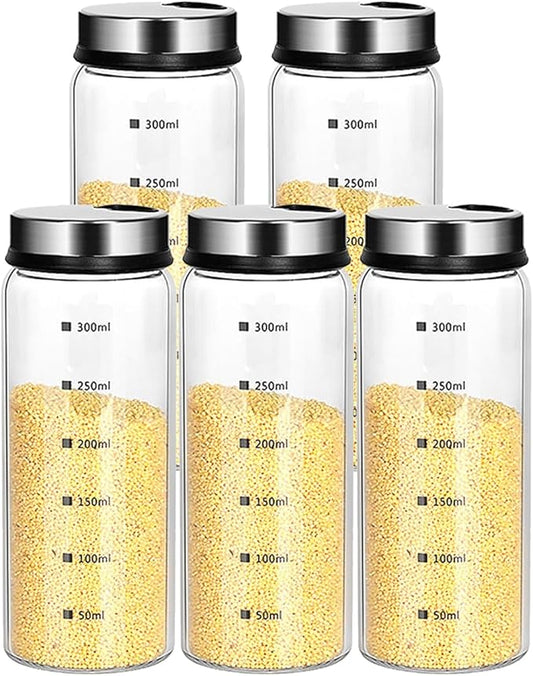 10 oz Salt and Pepper Shakers Set with Adjustable Outlet Holes Clear Glass Bottle Spice Seasoning Cans Jar for Kitchen Decor and Home Restaurant BBQ Camping Farmhouse Kitchen Accessories(5 Pcs, 300ML)