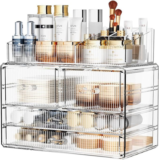 ZHIAI Stackable Storage Drawers, Acrylic Bathroom Counter Organizer Clear Makeup Organizers for Vanity, Kitchen Cabinets, Bathroom, Undersink, Home Organization and Storage (1 Top 4 Drawers D)