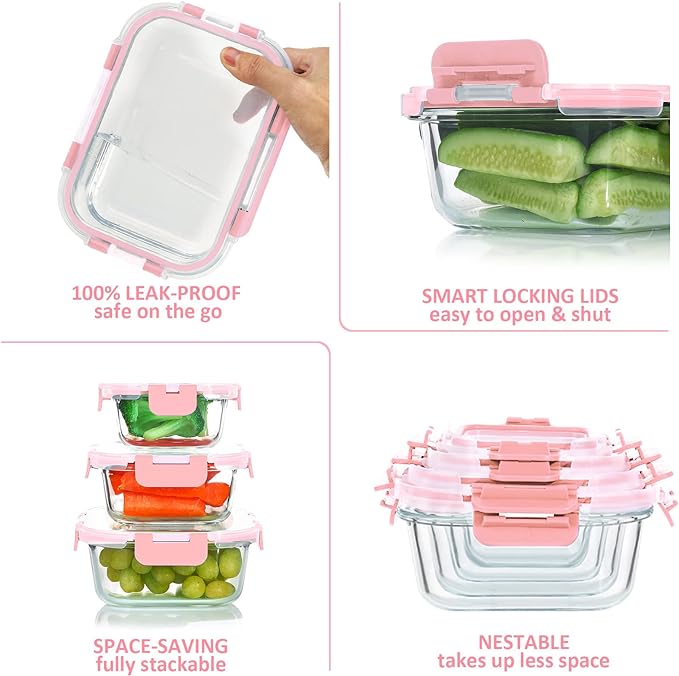 24 Pieces Glass Food Storage Containers Set,Glass Meal Prep Containers-Stackable Airtight Glass Storage Containers with lids,Freezer, Microwave, Oven Safe,Pink