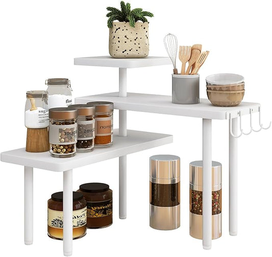 IBUYKE Countertop Organizer,3-Tier Spice Racks,Kitchen Counter Corner Shelf,4 Side Hooks,Adjustable Countertop Shelf for Kitchen, Bathroom, Coffee Bar, Cabinet, Desk,White,TLJ023W