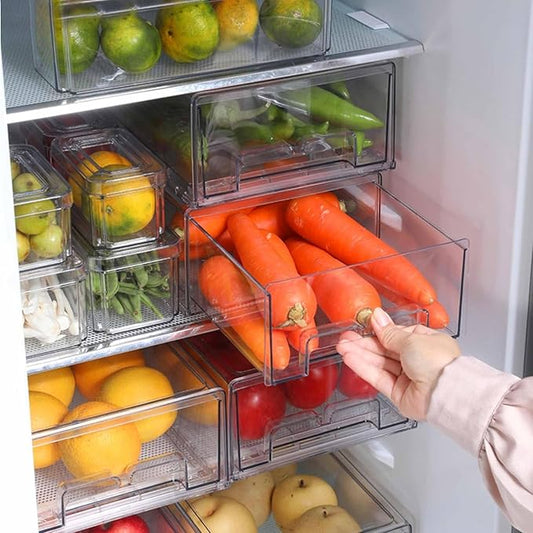 2 Pack Stackable Clear Storage Drawer,Refrigerator Organizers and Storage Drawer Pull Out Drawer for Fridge Kitchen Bathroom Cabinet Closet Office Clear