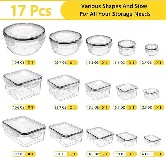 34 PCS Food Storage Containers Set with Airtight Lids (17 Lids &17 Containers) - BPA-Free Plastic Food Container for Kitchen Storage Organization, Fruit Meal-prep Containers with Labels & Marker
