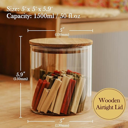 Labina Glass Storage Container Airtight Food Jars Kitchen Canister with Wood Lids, 50 Oz Wide Mouth Pantry Organization Glass Jar for Flour, Sugar, Cookie, Spagetti, Nuts and Candy (2 Pack)
