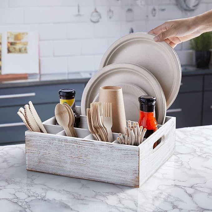 ALELION Rustic White Utensil Holder for Party - Paper Plate Organizer for Countertop - Silverware Caddy with 6 Compartments for Plate Cup Fork Spoon - Cutlery Holder for Camping Buffet