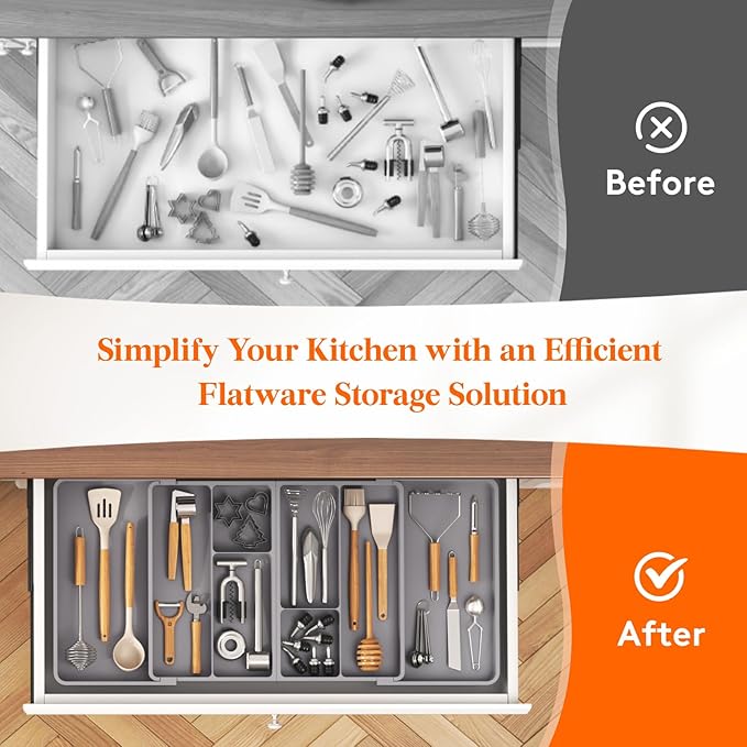 Lifewit Large Utensil Organizer for Kitchen Drawer, Expandable From 21 to 36 Inches, Adjustable Cooking Silverware Tray, Plastic Cutlery Flatware Holder, Spatula Tools Gadgets Storage Divider, Gray