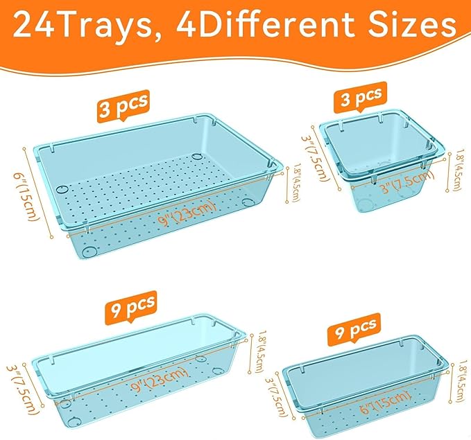 WOWBOX 24 PCS Plastic Drawer Organizer Set, 4 Sizes Desk Drawer Organization and Storage Containers for Makeup, Cosmetics, Jewelry and Gadgets in Kitchen, Bathroom, Bedroom, Office, Clear Sea Blue