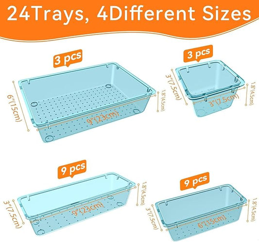 WOWBOX 24 PCS Plastic Drawer Organizer Set, 4 Sizes Desk Drawer Organization and Storage Containers for Makeup, Cosmetics, Jewelry and Gadgets in Kitchen, Bathroom, Bedroom, Office, Clear Sea Blue