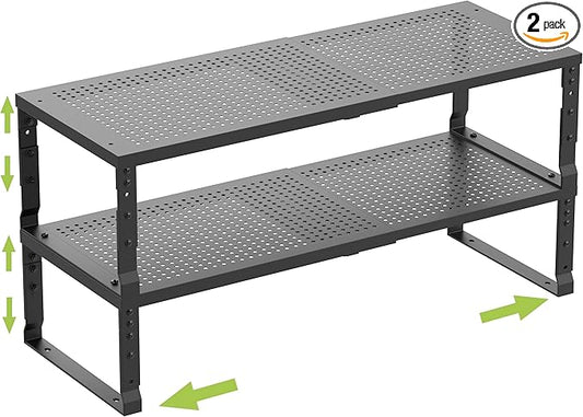 Expandable Cabinet Shelf Organizer Storage Spice Rack Shelves for Kitchen Stackable Adjustable Pantry Cupboard Bathroom Countertop Desktop(2Packs/Black/Medium-with Hole)