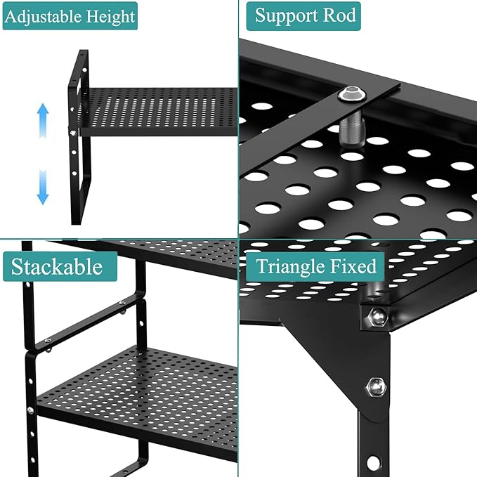 Expandable Kitchen Cabinet Shelf Organizers 3 Pack, Stackable Metal Pantry Storage Shelves Rack, Adjustable Counter Spice Shelf for Cabinets, Countertop, Cupboard Organizers and Storage, Black