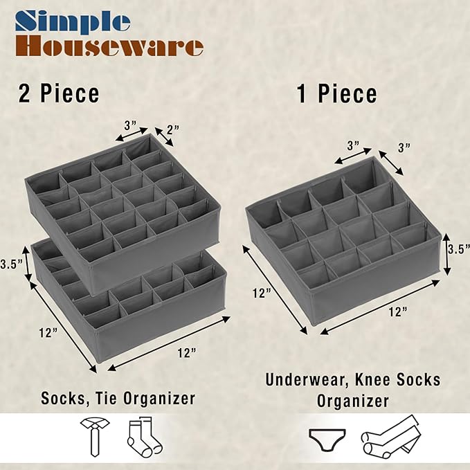 Simple Houseware Sock Drawer Organizer for Dresser/Closet/Bedroom, 3 Pack, Dark Gray