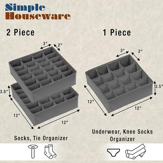 Simple Houseware Sock Drawer Organizer for Dresser/Closet/Bedroom, 3 Pack, Dark Gray