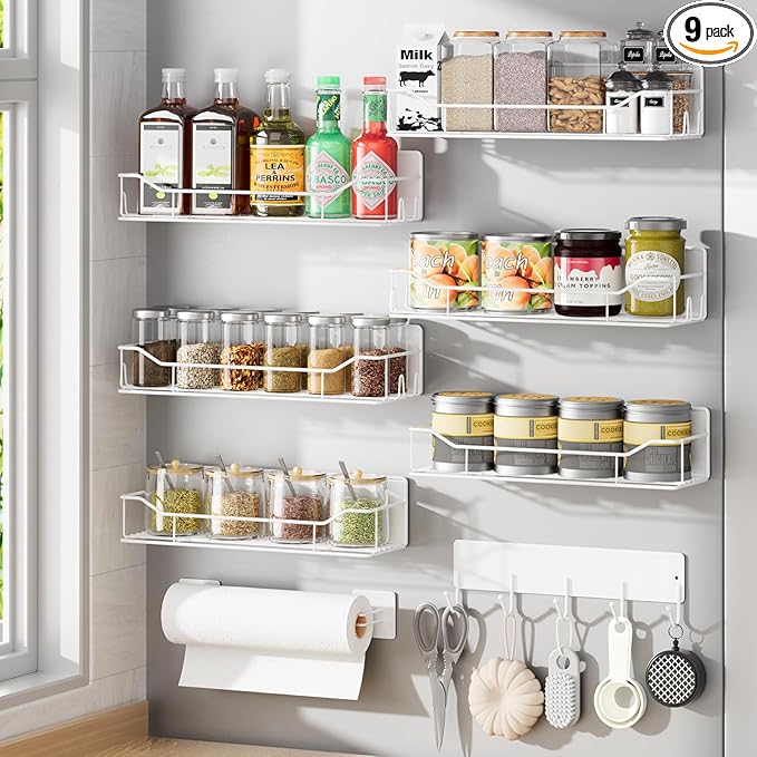 Magnetic Spice Rack for Refrigerator, 9 Pack Magnetic Fridge Shelves W/Adjustable Paper Towel Holder, Hook Rack, Moveable Spice Organizer Shelf for Kitchen Organization and Storage (White)