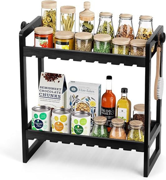 Countertop Organizer, Bamboo Spice Rack Organizer for Pantry, 2 Tier Kitchen Counter Shelf, Coffee Station Organizer,Black