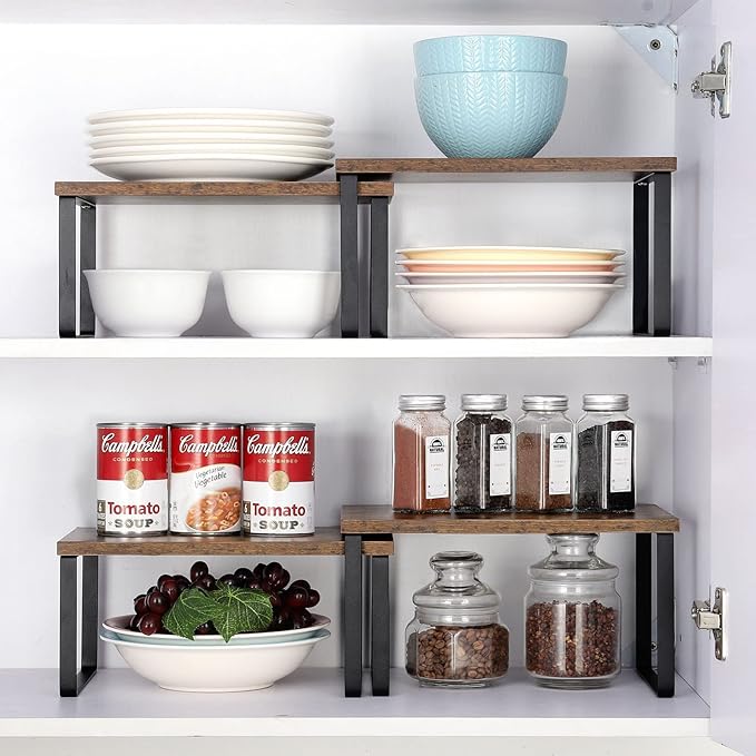 ETELI Kitchen Counter Cabinet Shelf Organizer Expandable Stackable Shelves Set of 4 Shelf Risers Small Counter Top Racks for Kitchen Cupboard Pantry, Brown